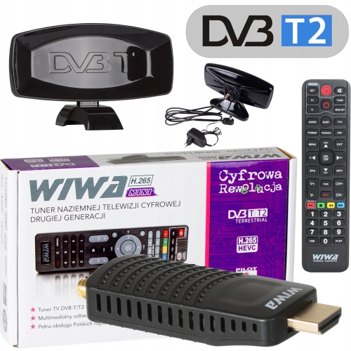 Dekoder tuner TV naziemna DVB-T2 Wiwa mini + antena pokojowa 42 dB