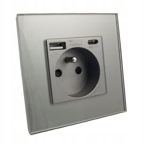 Gniazdo gniazdko USB A i C elektryczne szkło szare 3100 mA B-Line 