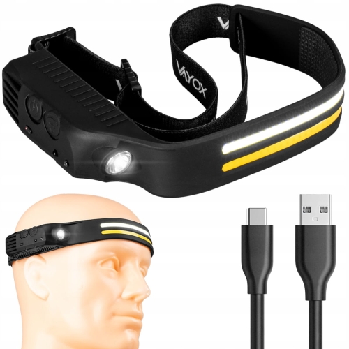 Latarka czołowa czołówka 3x LED  akumulatorowa pasek USB-C IPX czujnik Vayox