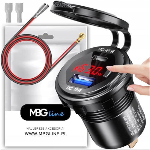 Szybka ładowarka motocyklowa samochodowa 65 W 2x USB typ-C PD 45 W woltomierz MBG Line