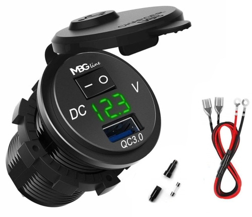 Ładowarka zasilacz motocyklowa samochodowa USB QC 3.0 woltomierz przycisk MBG Line