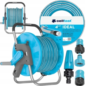 Zestaw wąż ogrodowy 1/2 na stojaku 50 m pistolet zraszacz 3x złączki zwijacz wózek UV Cellfast oryginalny