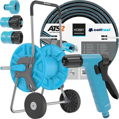 Zestaw Premium wózek + wąż ogrodowy zbrojony 1/2 50 m + zraszacz + 3x złączka Cellfast oryginalny