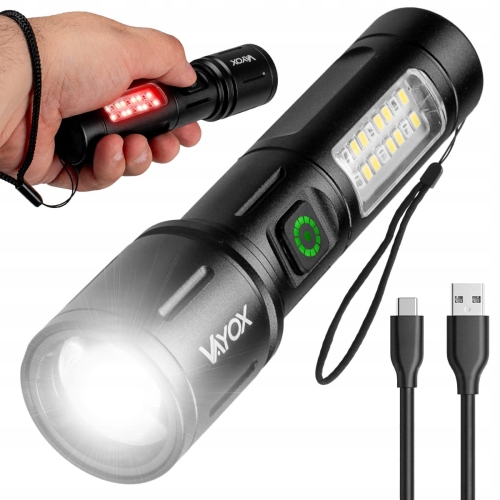 Latarka LED taktyczna akumulatorowa światło boczne 2 kolory zoom USB-C Vayox