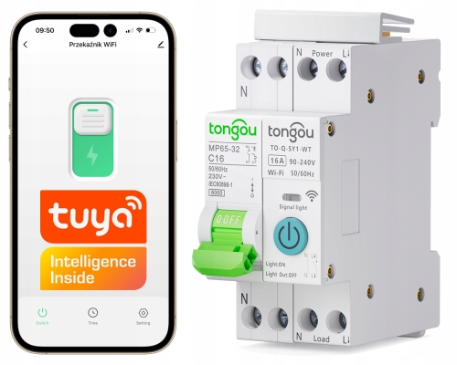 Inteligentny przekaźnik bezpiecznik WiFi Tuya 16 A B16 szyna DIN