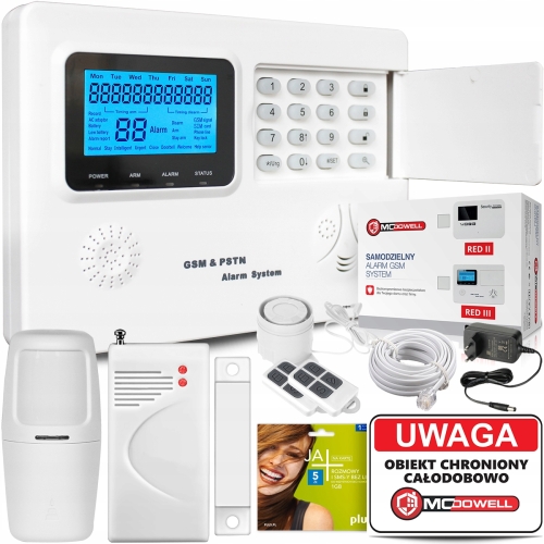 Alarm bezprzewodowy domowy czujnik ruchu drzwi okna syrena GSM PL RED III McDowell