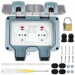 Gniazdo hermetyczne podwójne ogrodowe zewnętrzne natynkowe wodoszczelne włącznik IP66 230 V 