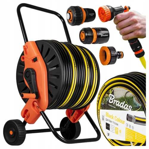 Wąż ogrodowy na wózku 50 m 1/2" zwijacz bęben wózek pistolet zraszacz 3x złączki