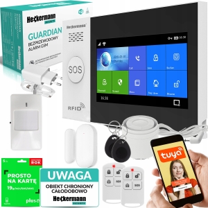 Alarm bezprzewodowy duży LCD GSM syrena App polski WiFi + 1x czujka PIR 1x okno