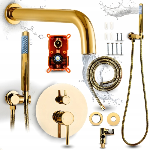 Zestaw wannowy prysznicowy podtynkowy bateria łazienkowa prysznicowa ścienna wannowa złota