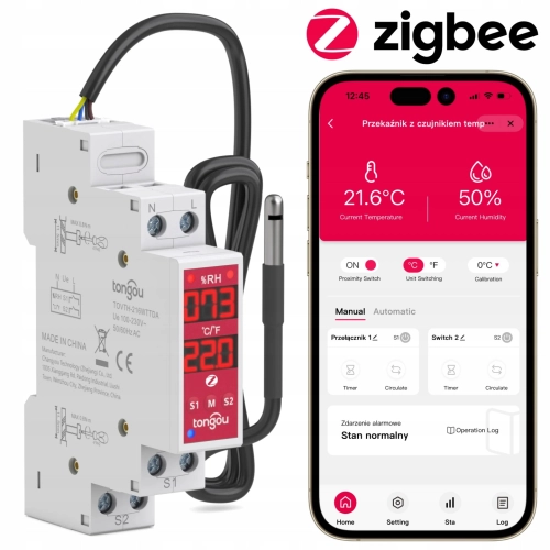 Dwukanałowy przekaźnik AC DC regulator temperatury wilgotności na DIN ZigBee Tuya