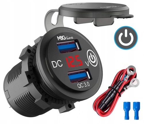 Ładowarka motocyklowa 2x USB QC3.0 woltomierz przycisk On